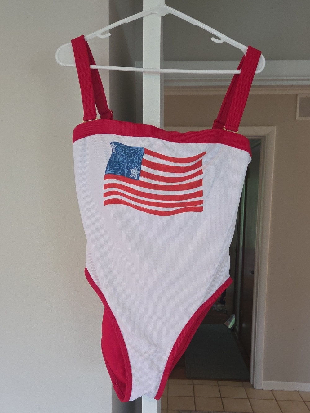 LainSnow White One-Piece Swimsuit with Red Trim and Blue Flag Graphic